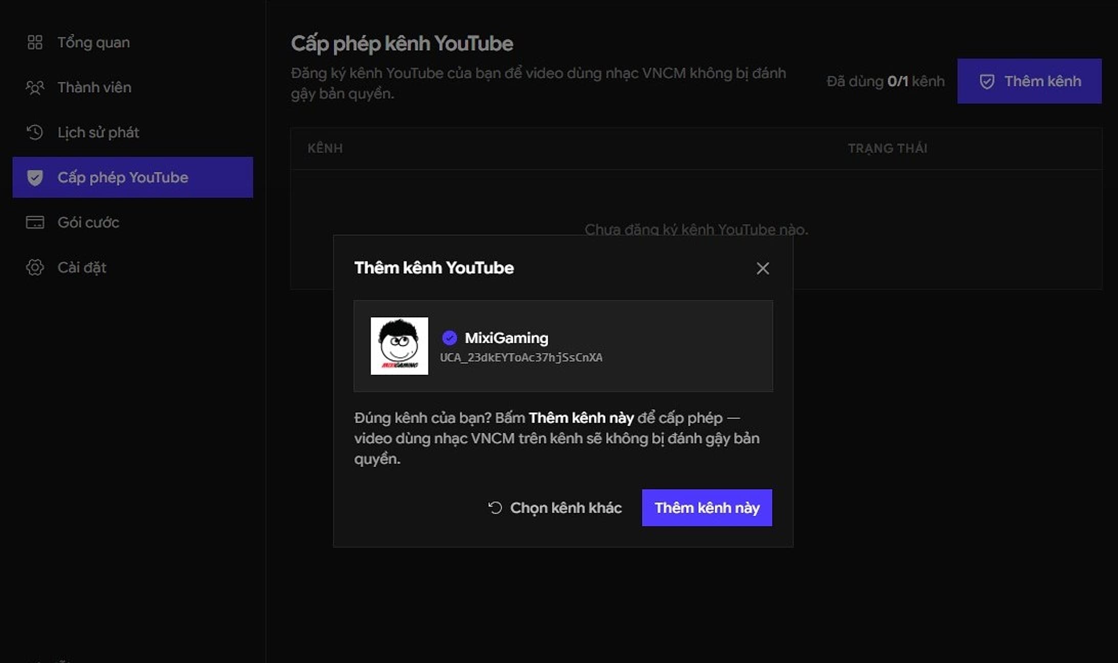 Cấp phép kênh YouTube trong cổng VNCM